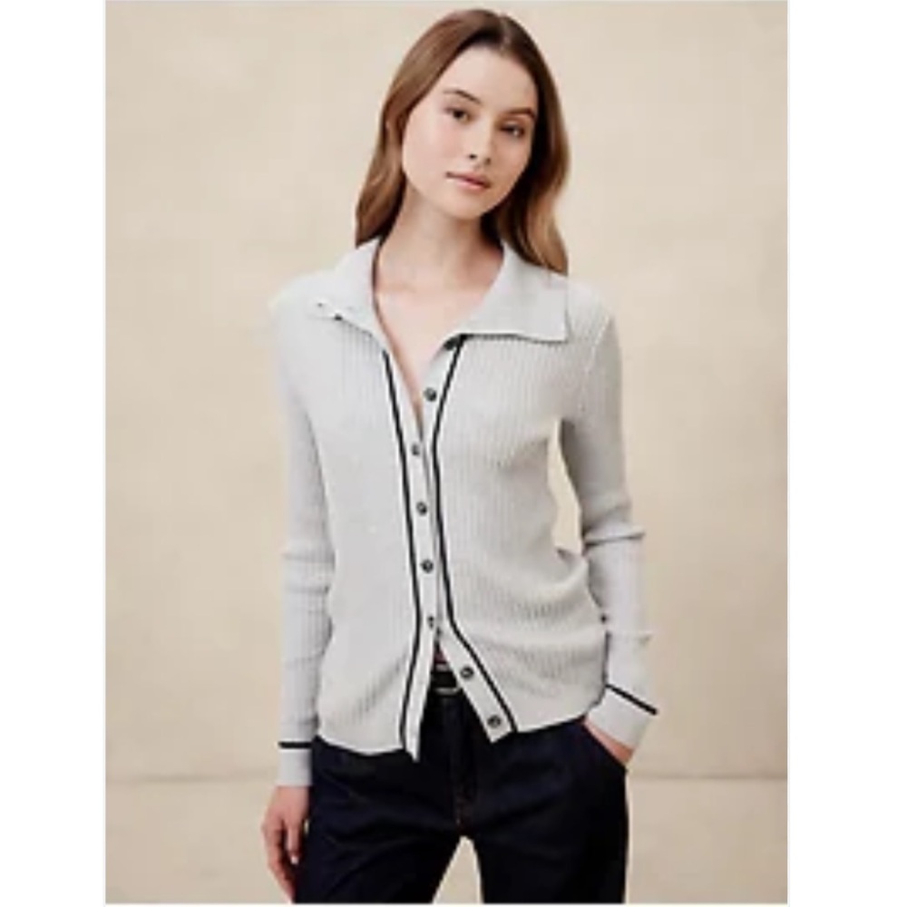 Banana Republic Ivory Ribbed Button-Up Cardigan with Black Trim